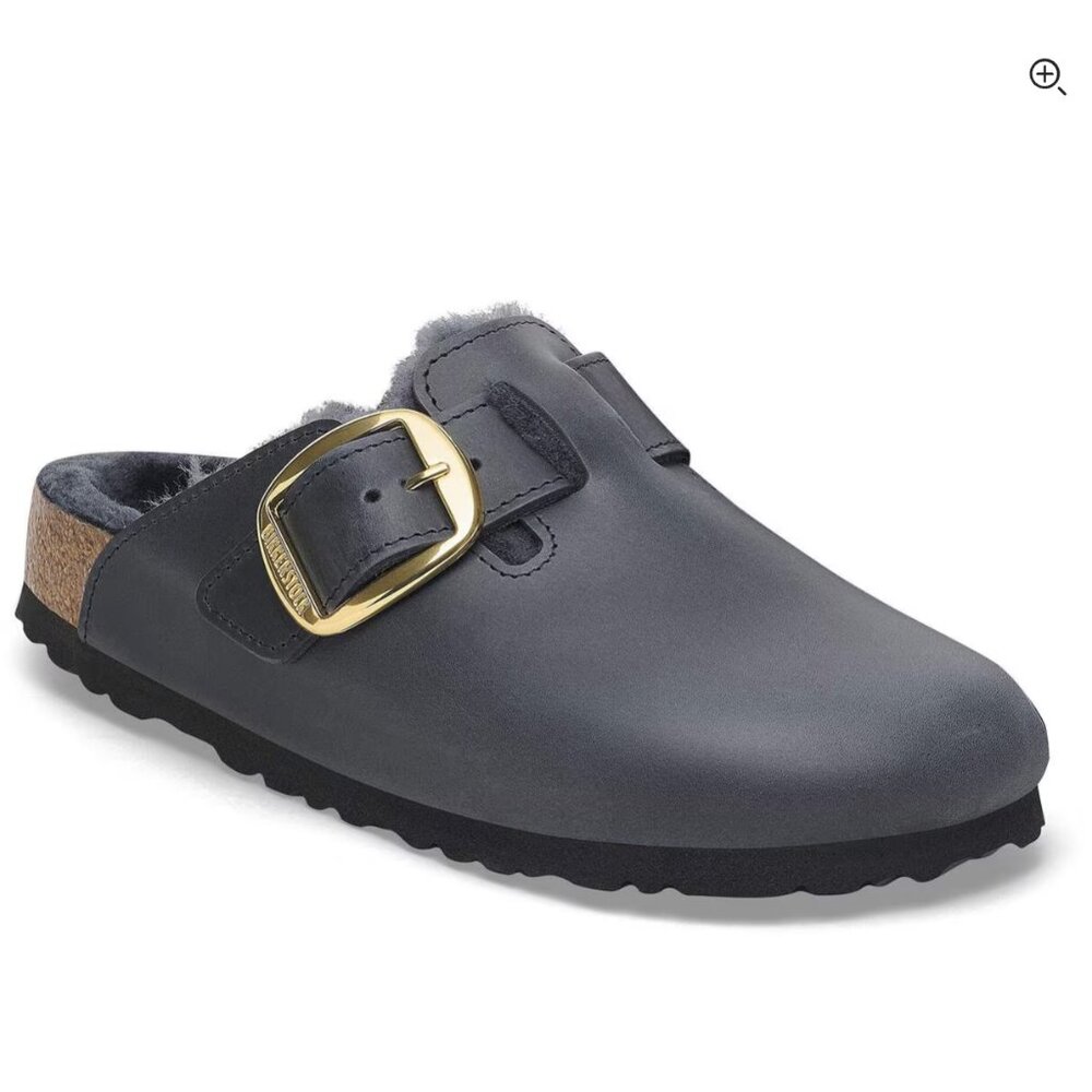 Birkenstock Navy Leather Clog with Gold Buckle